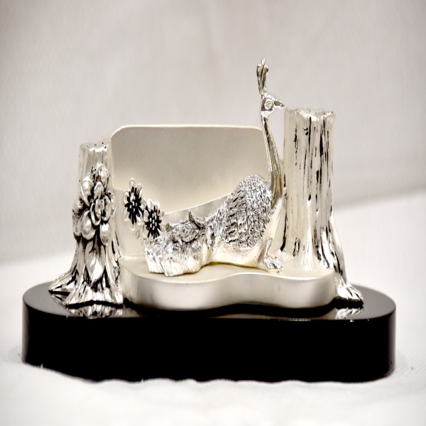 SILVER 99% KANHA ART PEACOCK PEN STAND WITH CARD HOLDER