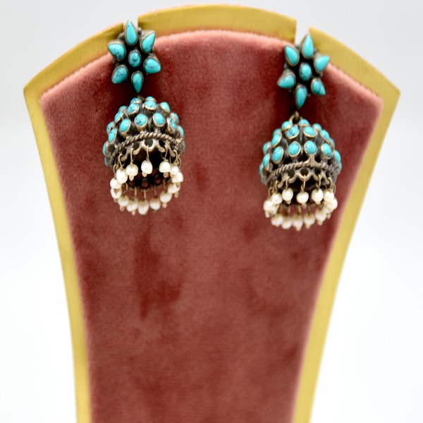 SILVER OXIDIZE JHUMKI STUDDED FIROZA 