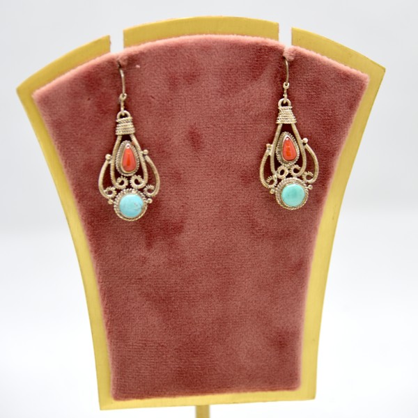 SILVER OXIDIZE 925 EARRING WITH COREL & FIROZA STUDDED RUSSIAN COLLECTION