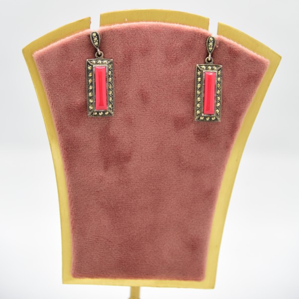 SILVER RED CORAL WITH BLACK SARVOSKI STUDDED EARRING