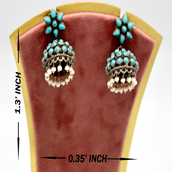 SILVER OXIDIZE JHUMKI STUDDED FIROZA 