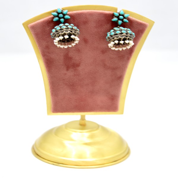 SILVER OXIDIZE JHUMKI STUDDED FIROZA 